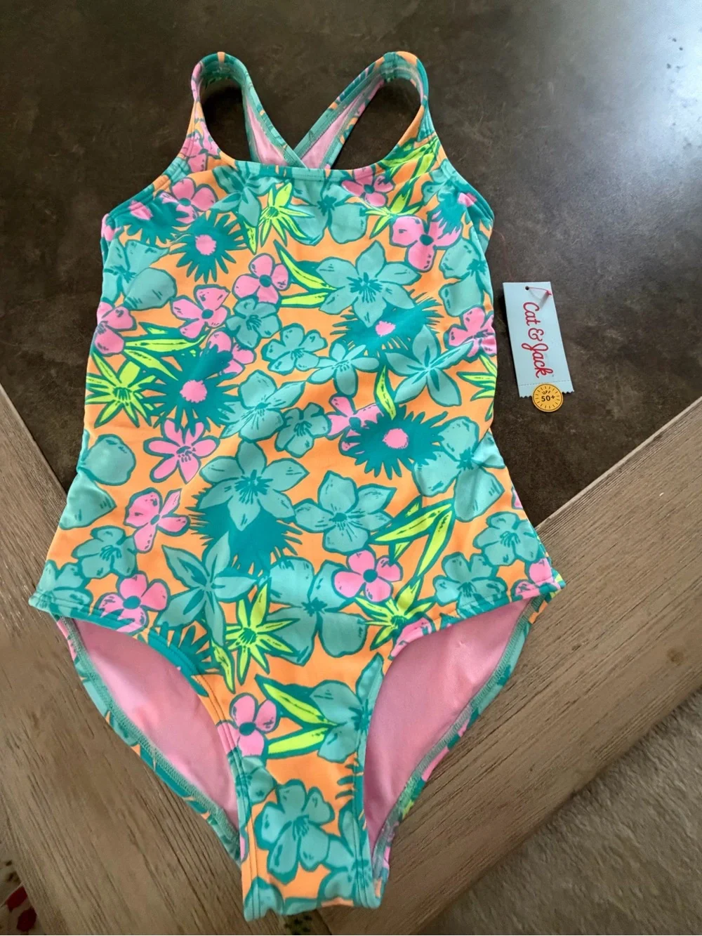 Girls' Floral One Piece Swimsuit - Cat & Jack™ Orange/Teal/Lime